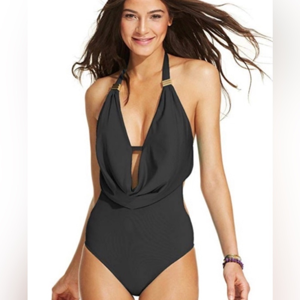 NWT Bar III Black Draped Front Halter One Piece Swimsuit